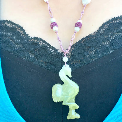 Women Flamingo Necklace for Her Pink Flamingo Jewelry Handmade Jade Stone Pendant For A Cheerful Anniversary Surprise