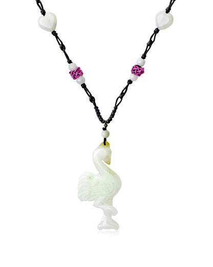 White Jade Flamingo Necklace for Women Pink Flamingo Jewelry Handmade Jade Stone Pendant For A Cheerful Anniversary Surprise