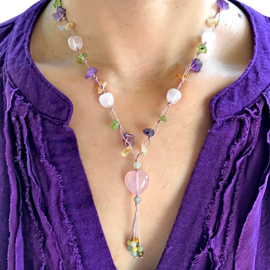 Women Heart Pink Necklace With Rose Quartz Pendant Heart For Unconditional Love Amethyst Stone Necklace Valentine’s Day Gift