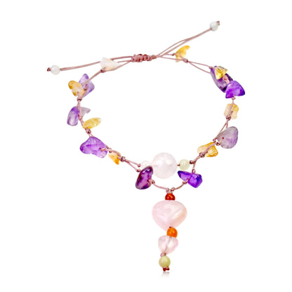Enchanting Amethyst and Rose Quartz Bracelet A Heart Pendant Pink for Women Gem Bracelet Birthday Gift for Love and Energy