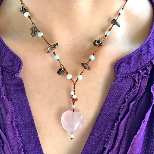 Women Pink Quartz Heart Pendant with Onyx Black Beads for Her to Attract Love, Abundance and Balance