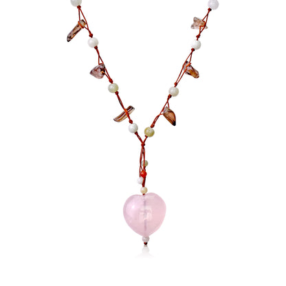 Pink Quartz Heart Pendant Paired with Onyx Black Beads for Her to Attract Love, Abundance and Spiritual Balance