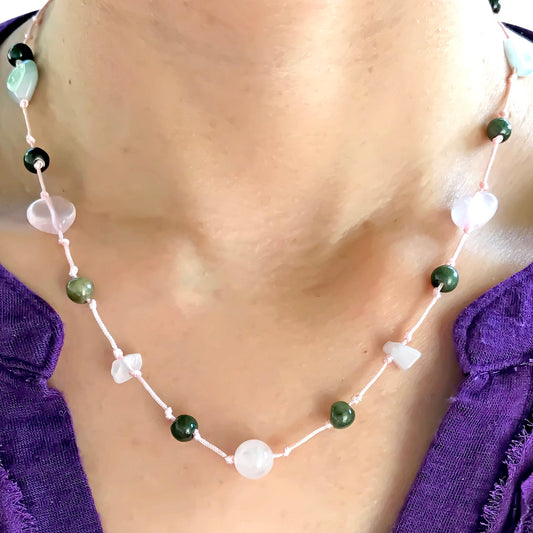 Women Jade Bead Necklace Pink Heart for Her Green Jade Bead Birthday Gift Inspiring Peace, Luck and Joyful Beginnings