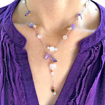 Women Rose Quartz Heart A Rose Quartz Heart Necklace For Her Amethyst And Rose Quartz Necklace Birthday Gift Filled With Love