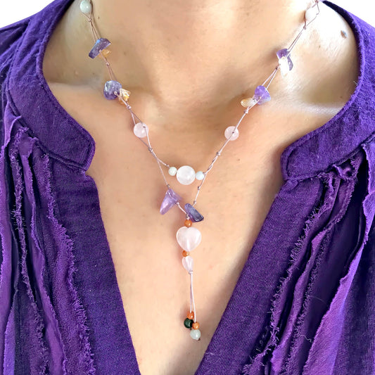 Women Rose Quartz Heart A Rose Quartz Heart Necklace For Her Amethyst And Rose Quartz Necklace Birthday Gift Filled With Love