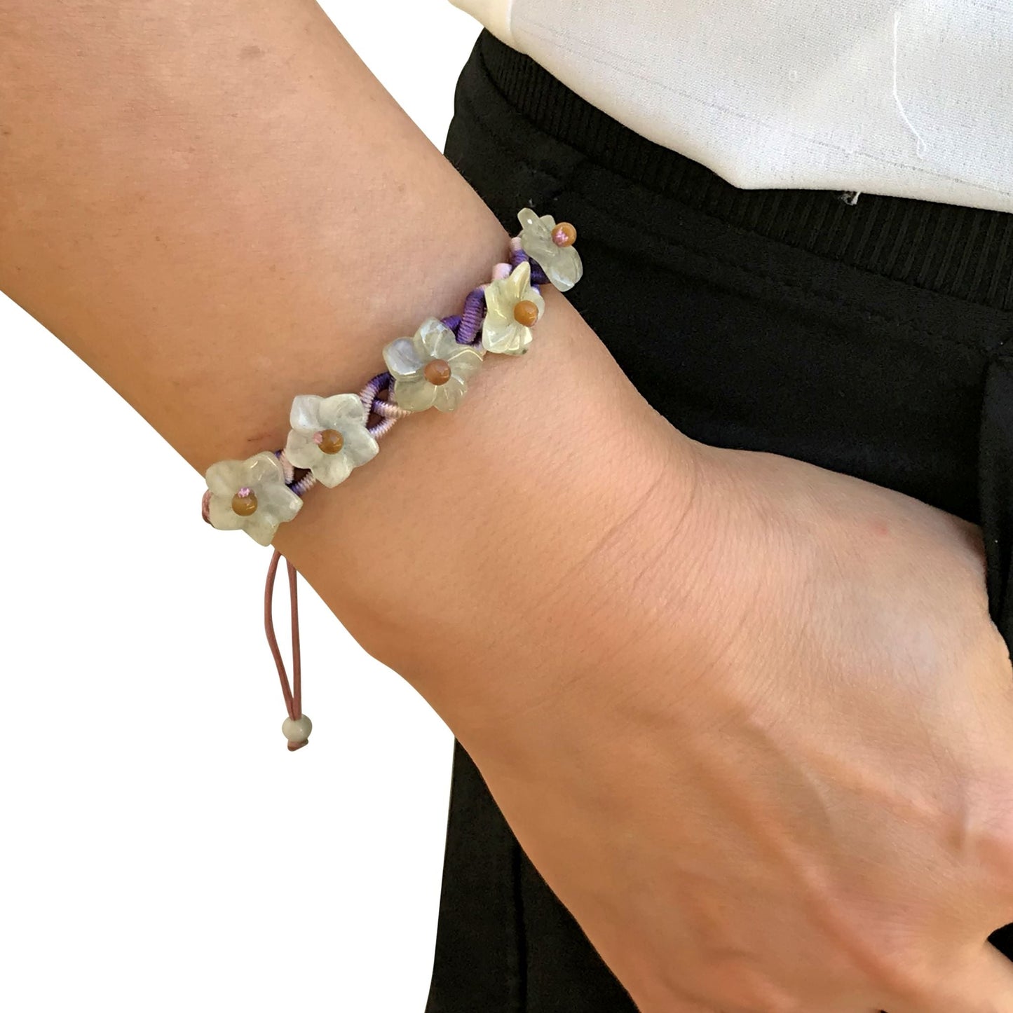 Flower Bracelet Handmade Genuine Jade Bracelet for Women Gift for her Handwoven Bracelet Adjustable Cord Handmade Jewelry Gift for MotherBraceletsSerenity Jade