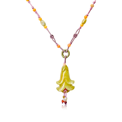 Yellow Jade Necklace Campanula Pink Bell Flower A Personalized Birth Flower Necklace for Her Pendant Flower Mother's Day Gift
