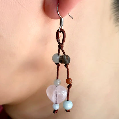 Pink Quartz Crystal Heart with Mystical Love Energy Earrings with Natural Stones a Onyx Drop Accents for Women
