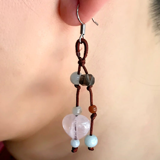 Pink Quartz Crystal Heart with Mystical Love Energy Earrings with Natural Stones a Onyx Drop Accents for Women
