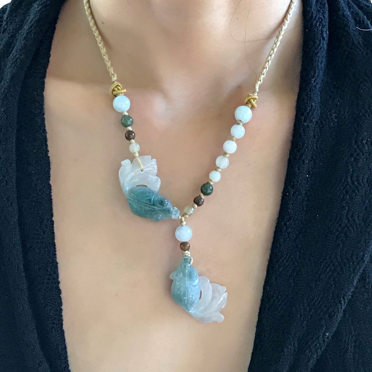 Handmade Necklace with Gemstone Jade Fish Charm Necklace for Women Jade Fish Charm for Birthday Gift Necklace for her Gold Fish PendantNecklacesSerenity Jade