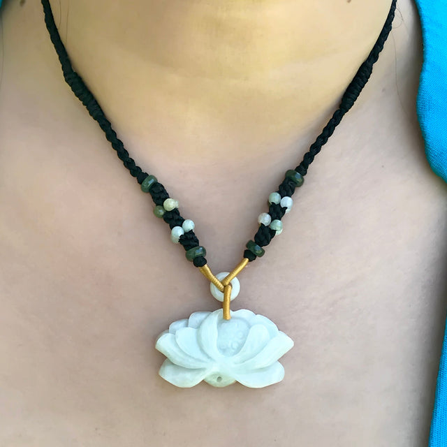 Jade Necklace Pendant White Lotus Necklace Pendant Handmade Jewelry for Women Necklace Adjustable Knots for Necklaces Jade Flower Pendant Friend BirthdayNecklacesSerenity Jade