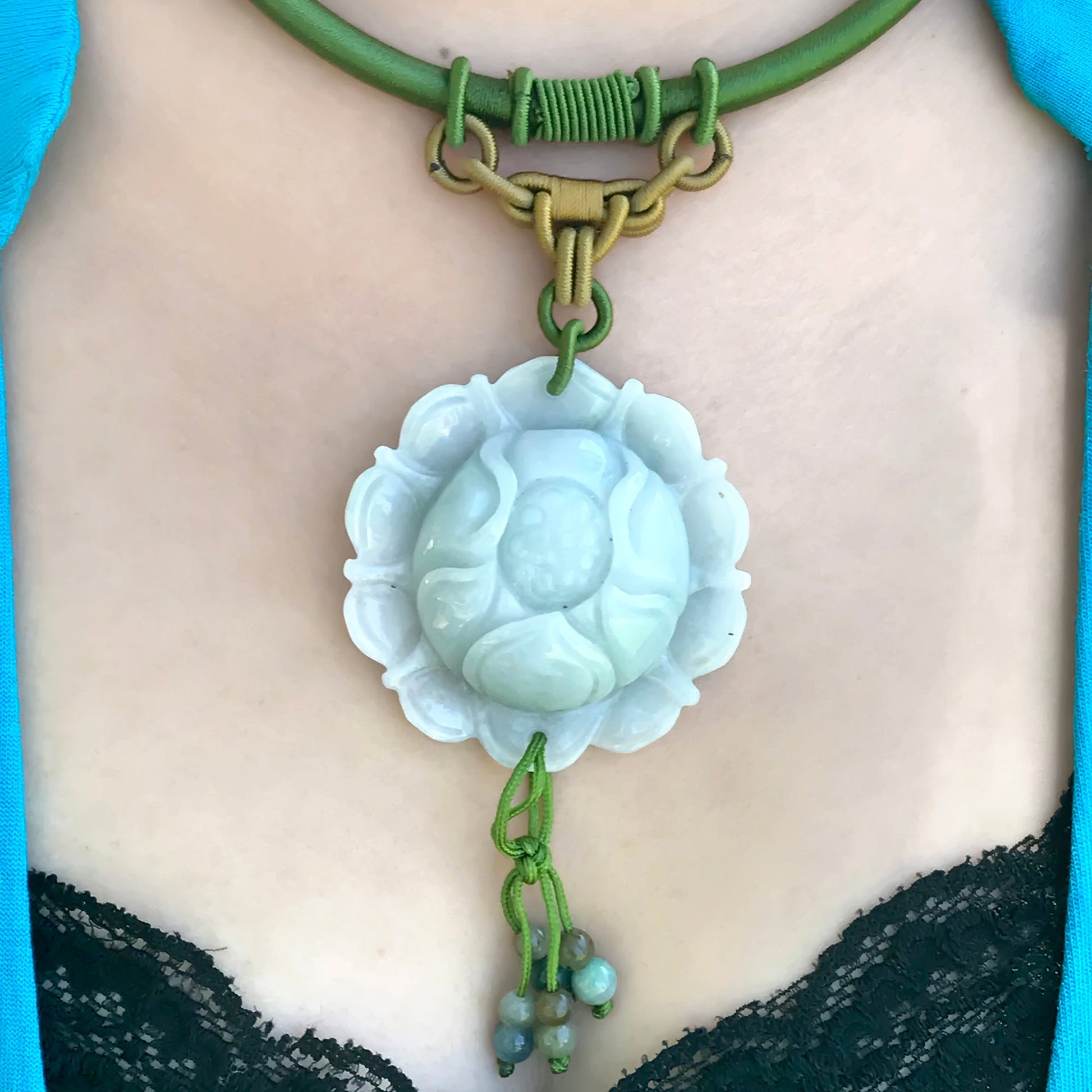 Large Floral Necklace Handmade Jewelry for Mom Lotus Necklace Pendant for Women Jade Necklace for July Birthday Gift Handmade Necklace for HerNecklacesSerenity Jade