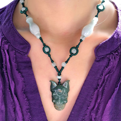 Women Artisan Jade Mask Handcrafted Necklace for Her Opera Mask for Luck and Inner Power Elegant Mother's Day Gift