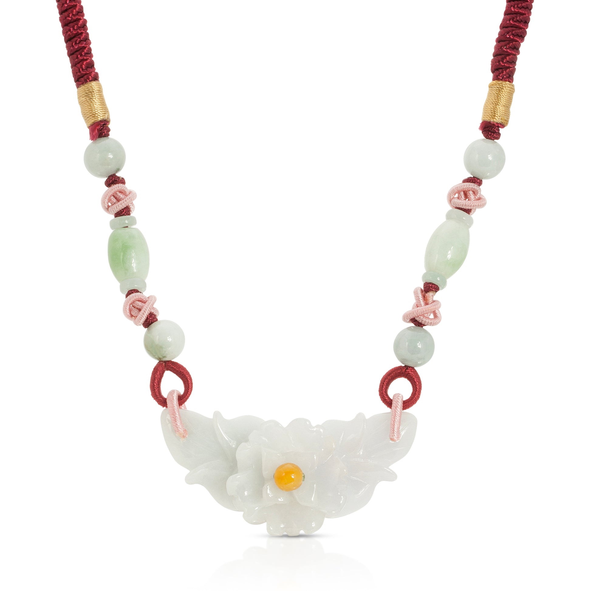 Discover Your True Beauty with a Fortune Flower Handmade Jade Necklace made with Maroon Cord