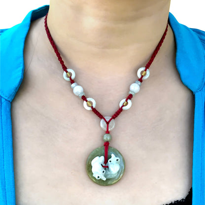 Women Fish Necklace Jade Pendant Round In Green Jade Jewellery For Success And Protection Anniversary Gift for Wealth