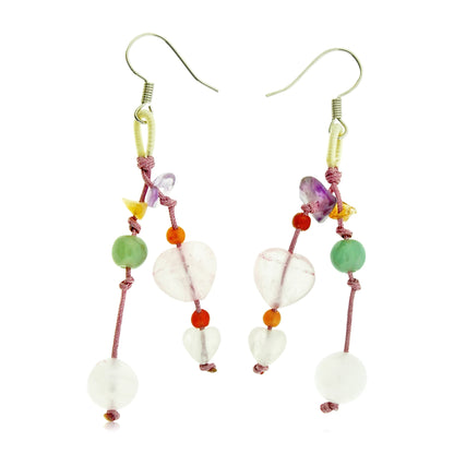 Dangling Silver Heart Earrings Valentine Beaded Earrings for Her Colored Gem Earrings Birthday Gift
