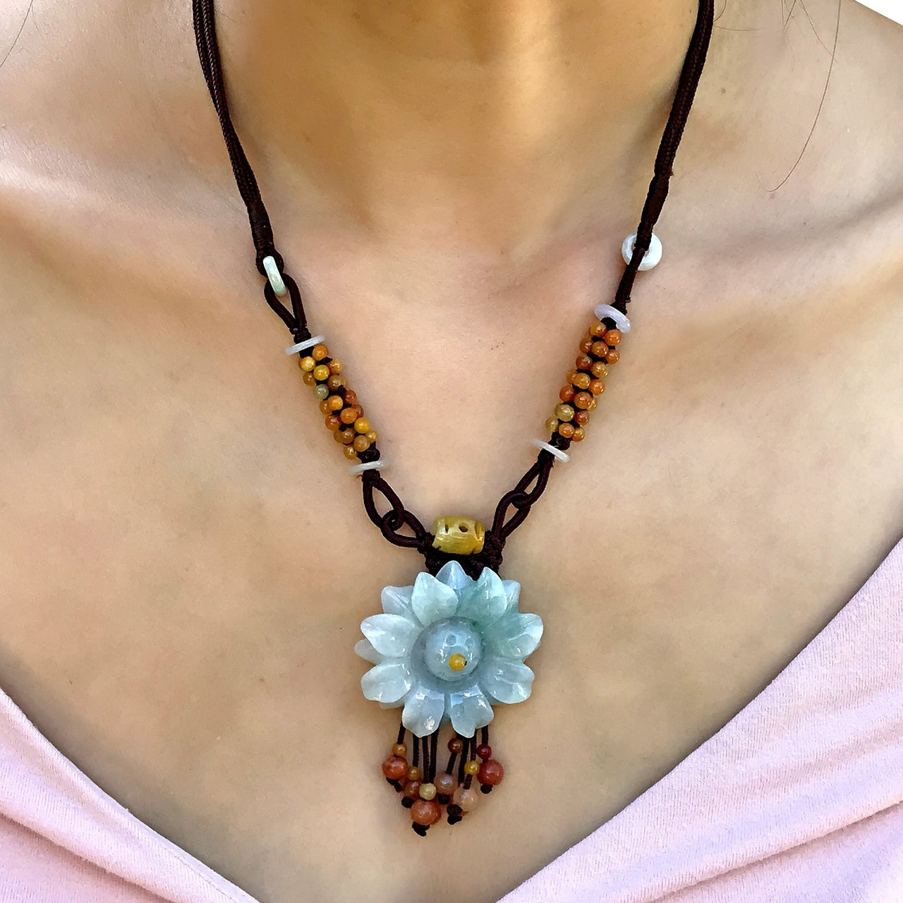Radiate Summer Vibes with the Sunflower 100 Beads Floral Jade Pendant NecklaceNecklacesSerenity Jade