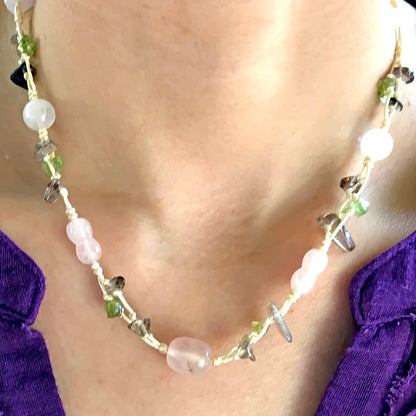 Women Rose Quartz Bead Necklace A Pink Bead Necklace For Her Peridot Necklace For Compassion and Joy