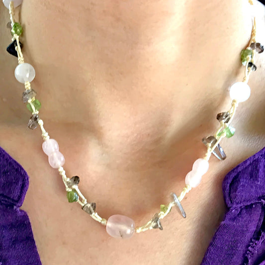 Women Rose Quartz Bead Necklace A Pink Bead Necklace For Her Peridot Necklace For Compassion and Joy