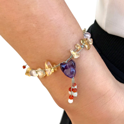 Women Amethyst Heart Pendants Paired With Citrine and Amethyst Bracelet Romantic Anniversary Gift Amethyst Bracelet