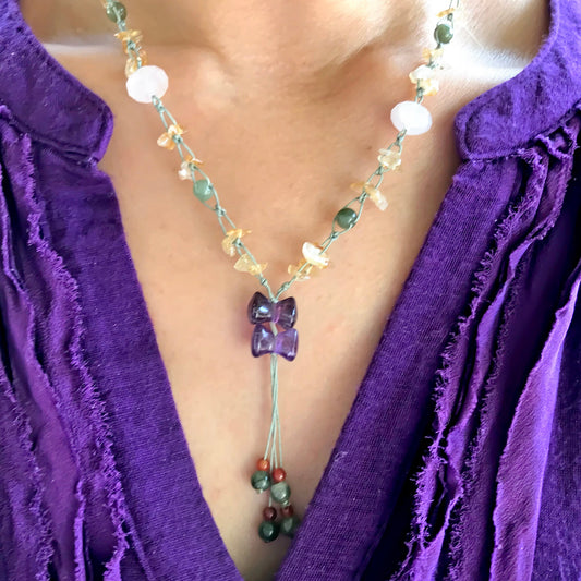 Women Multicolor Necklace Gemstone for Her Amethyst Heart Shaped Necklace a Citrine Amethyst Necklace for Radiant Energy