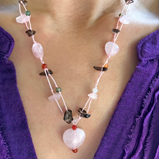 Women Enchanting Rose Quartz Pendant Heart a Pink Heart Jewelry with Black Onyx Beads Birthday Gift for Romance and Happiness